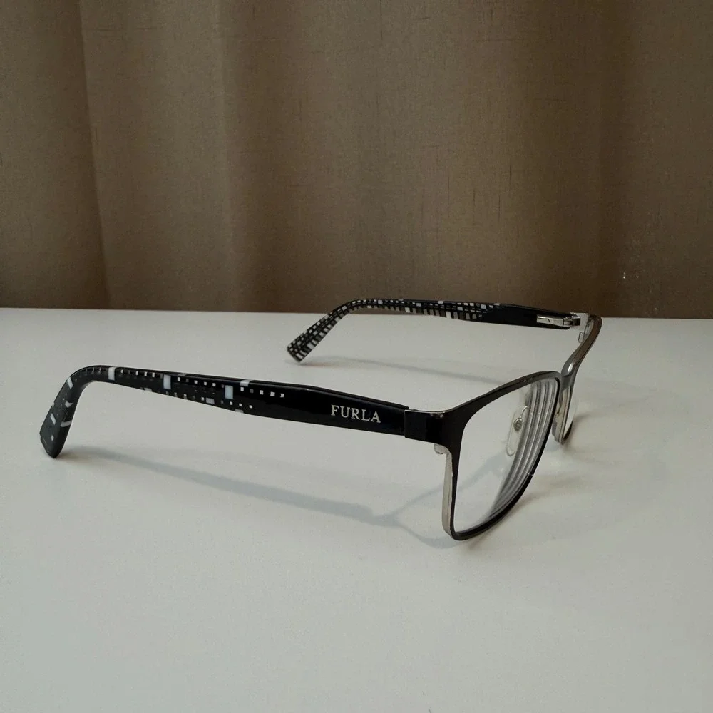 Furla VFU124 Eyeglasses Frames Black Silver Geometric Pattern Temples‎ Womens